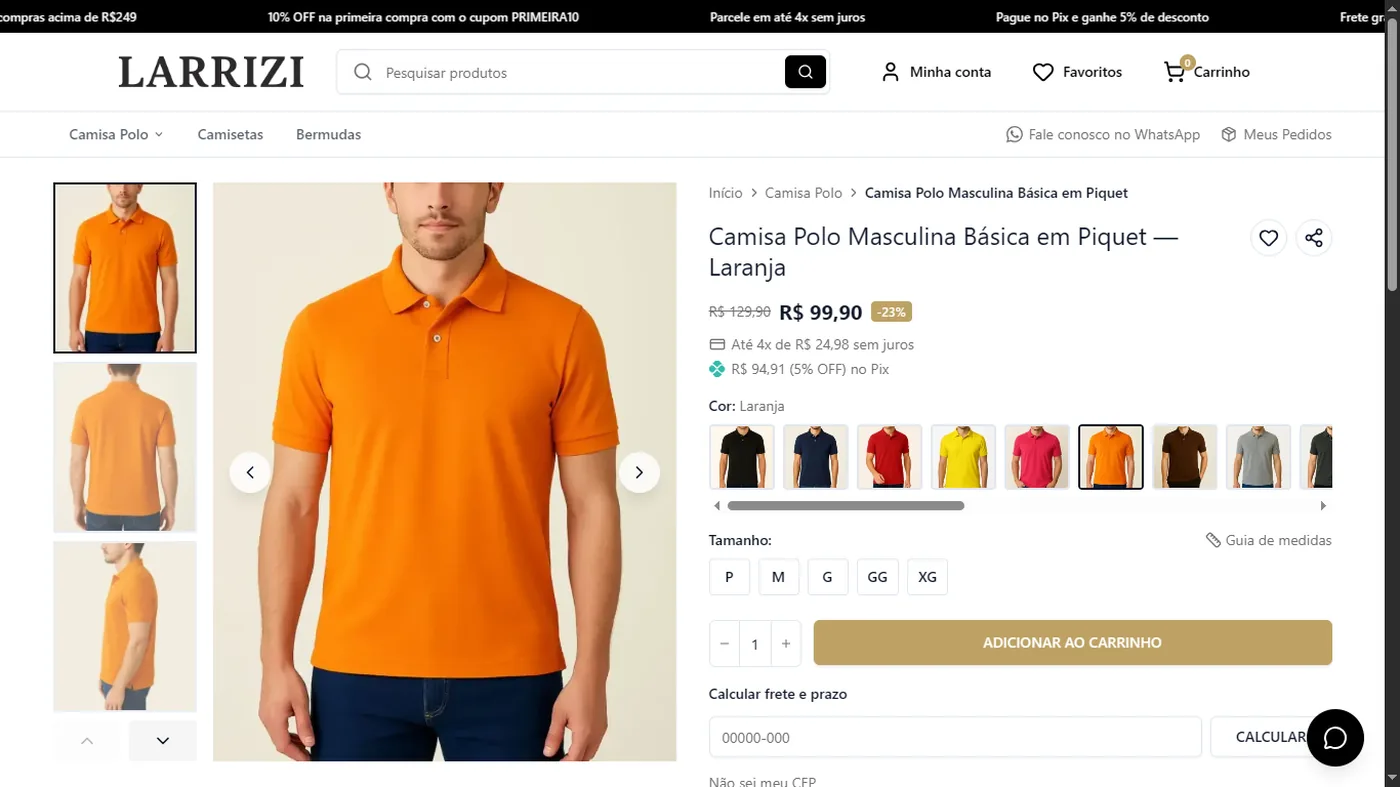 Página de produto de uma loja feita na Zelpi carregando com nota A de performance